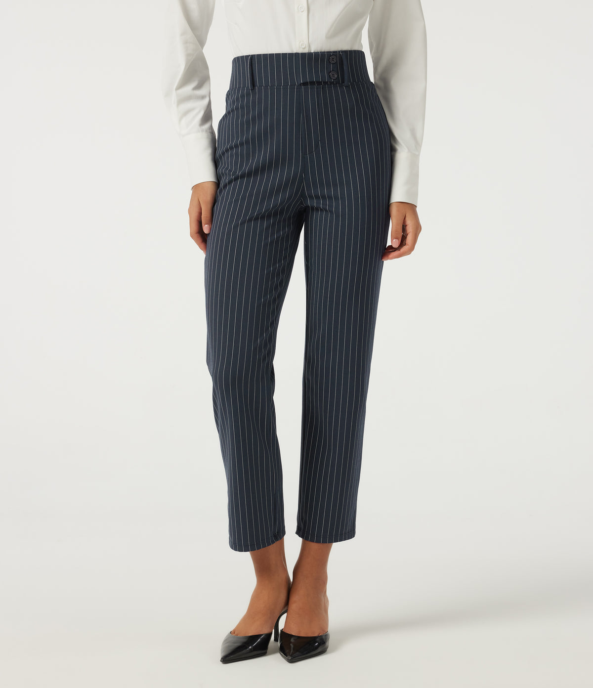 High Waisted Tapered Stripe Work Trousers with Pockets — Navy Pinstripe — view 3