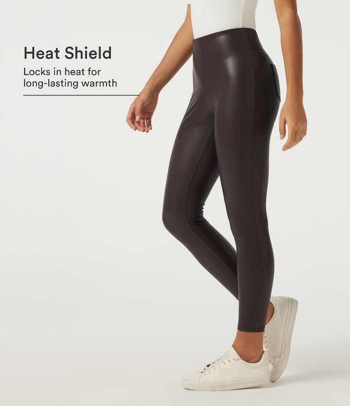 Mid Rise Skinny Stretchy PU Fleece Casual Leggings with Pockets — Hot Fudge — view 1