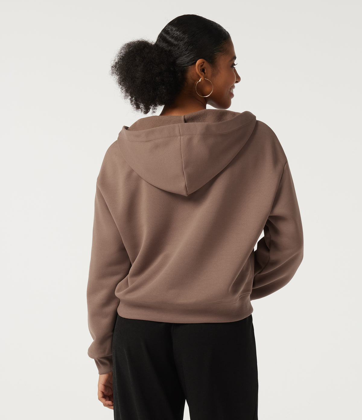 Hooded Long Sleeve Fleece Casual Sweatshirt with Pocket — Mocha Mousse — view 2