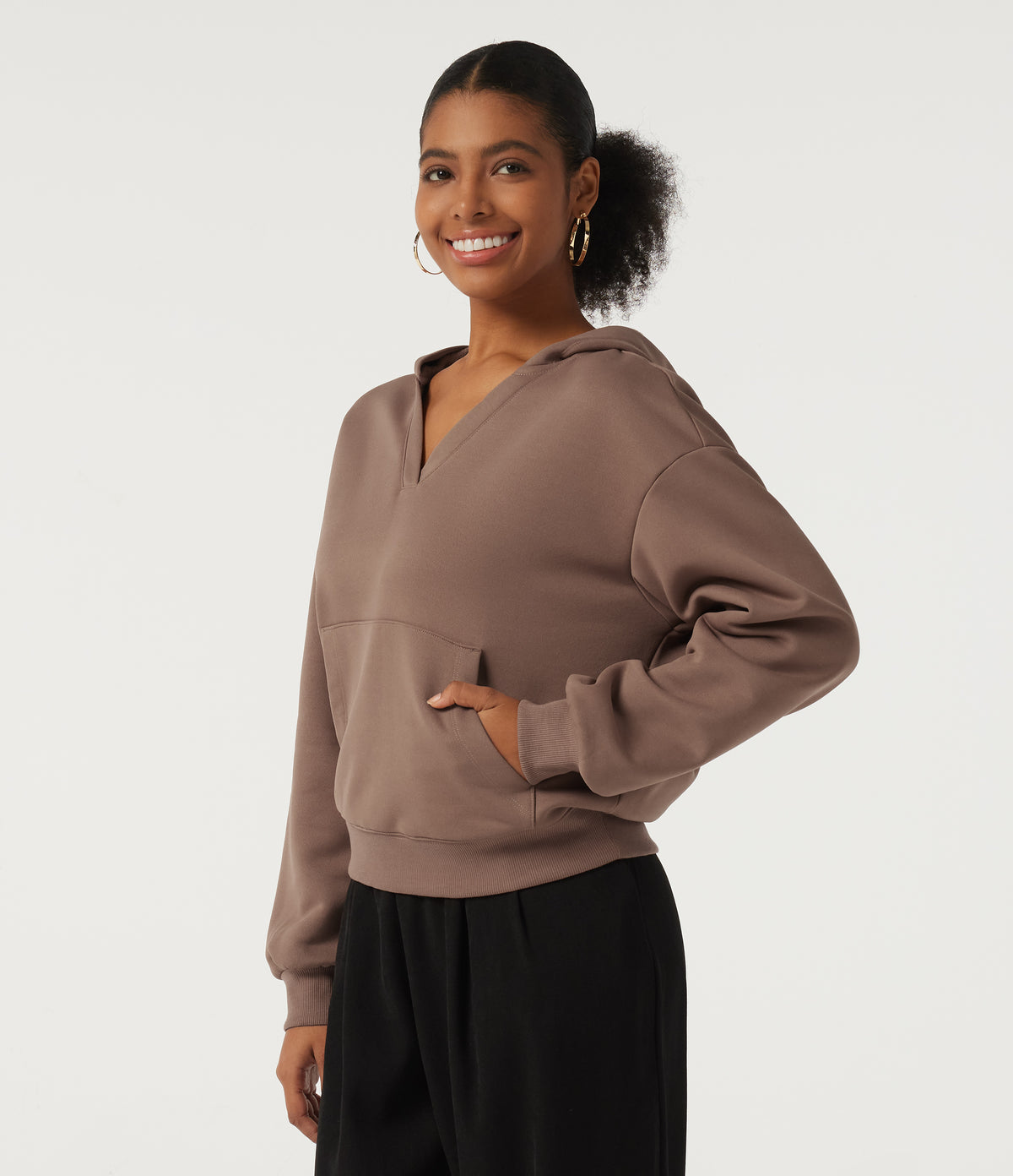 Hooded Long Sleeve Fleece Casual Sweatshirt with Pocket — Mocha Mousse — view 3