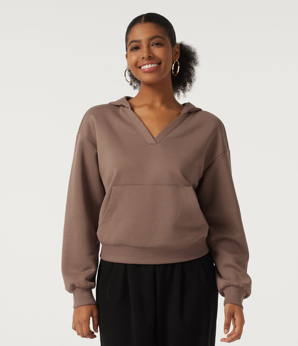 Hooded Long Sleeve Fleece Casual Sweatshirt with Pocket — Mocha Mousse — view 1