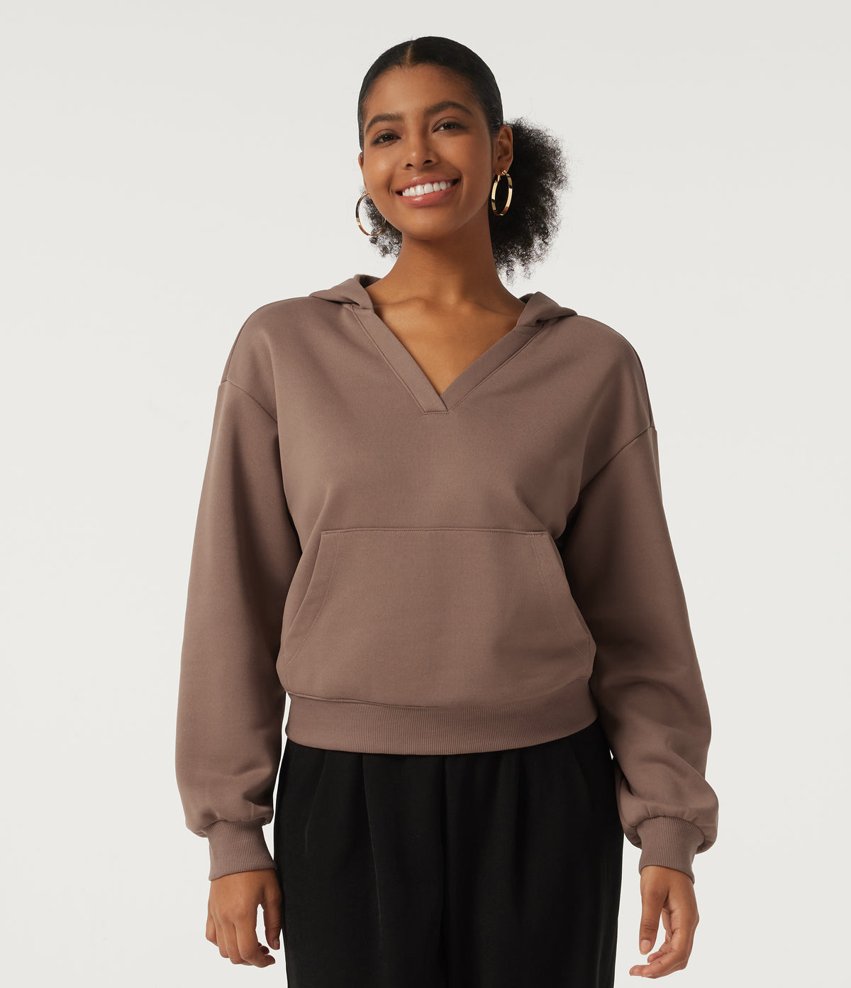 Hooded Long Sleeve Fleece Casual Sweatshirt with Pocket — Mocha Mousse — view 1