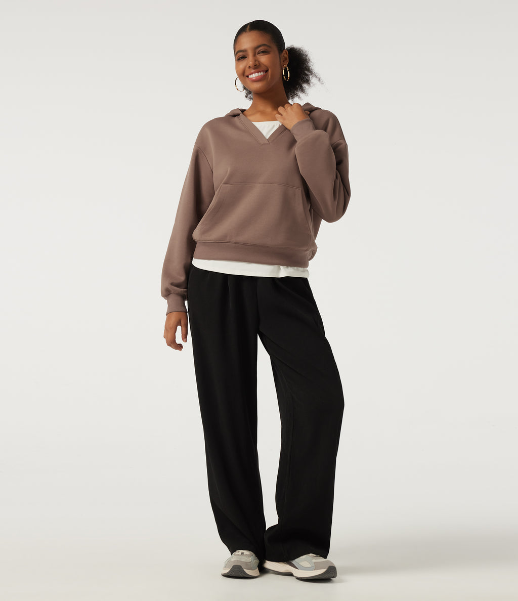 Hooded Long Sleeve Fleece Casual Sweatshirt with Pocket — Mocha Mousse — view 8