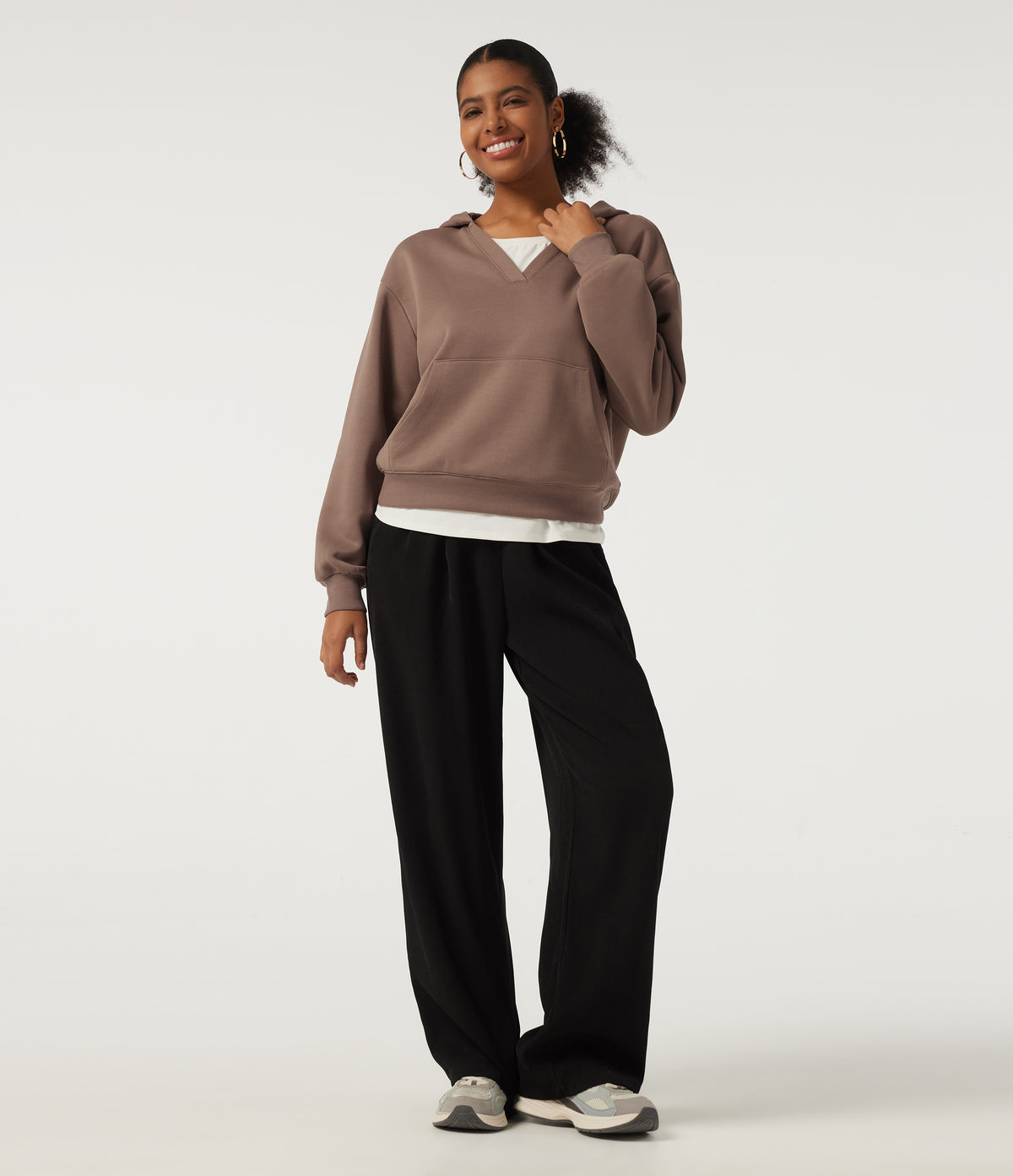 Hooded Long Sleeve Fleece Casual Sweatshirt with Pocket — Mocha Mousse — view 8