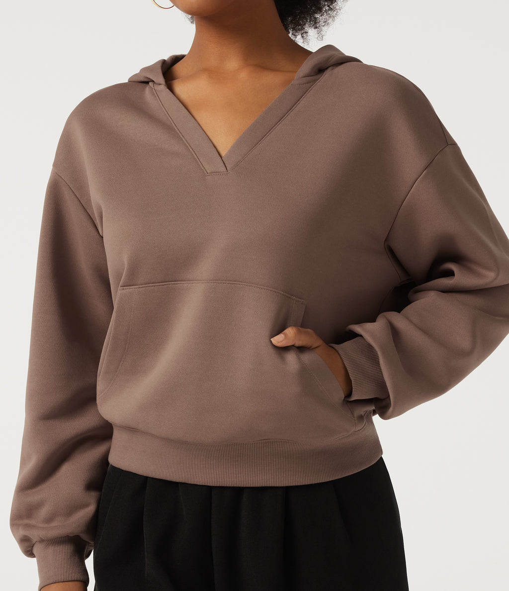 Hooded Long Sleeve Fleece Casual Sweatshirt with Pocket — Mocha Mousse — view 6