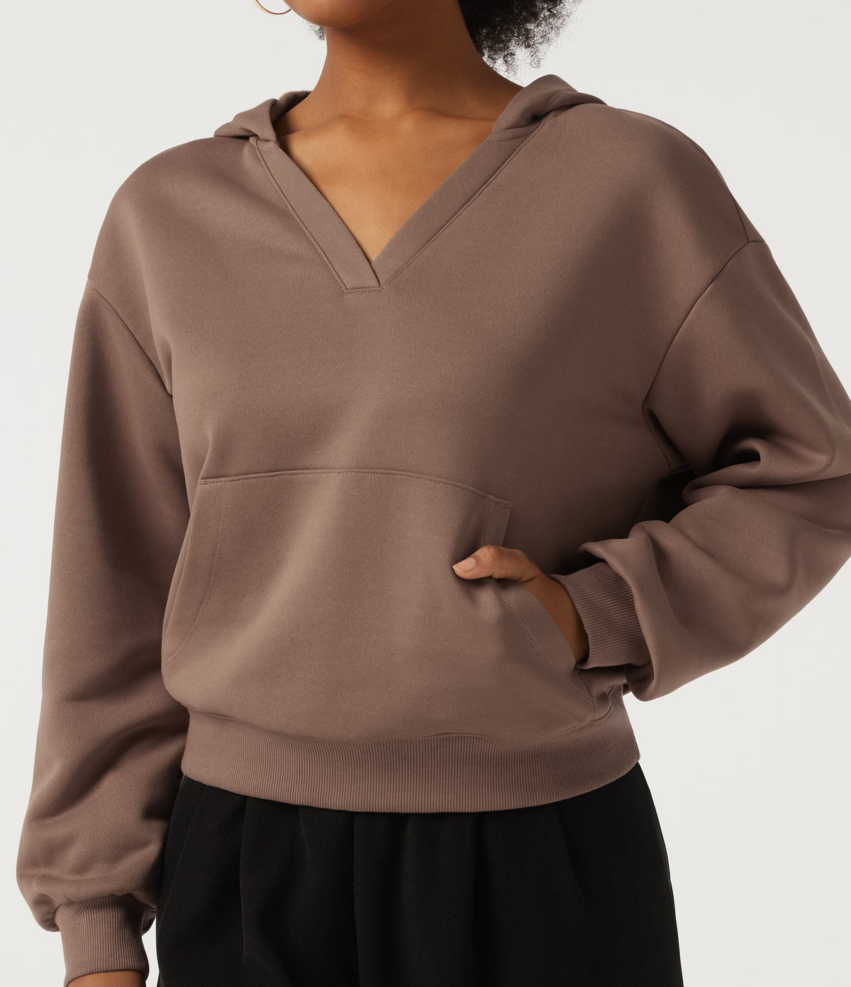 Hooded Long Sleeve Fleece Casual Sweatshirt with Pocket — Mocha Mousse — view 6