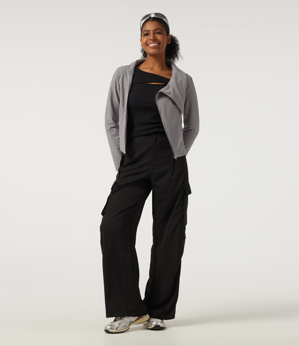 Asymmetric Collar Long Sleeve Casual Jacket with Pockets — Silver Gravel — view 7