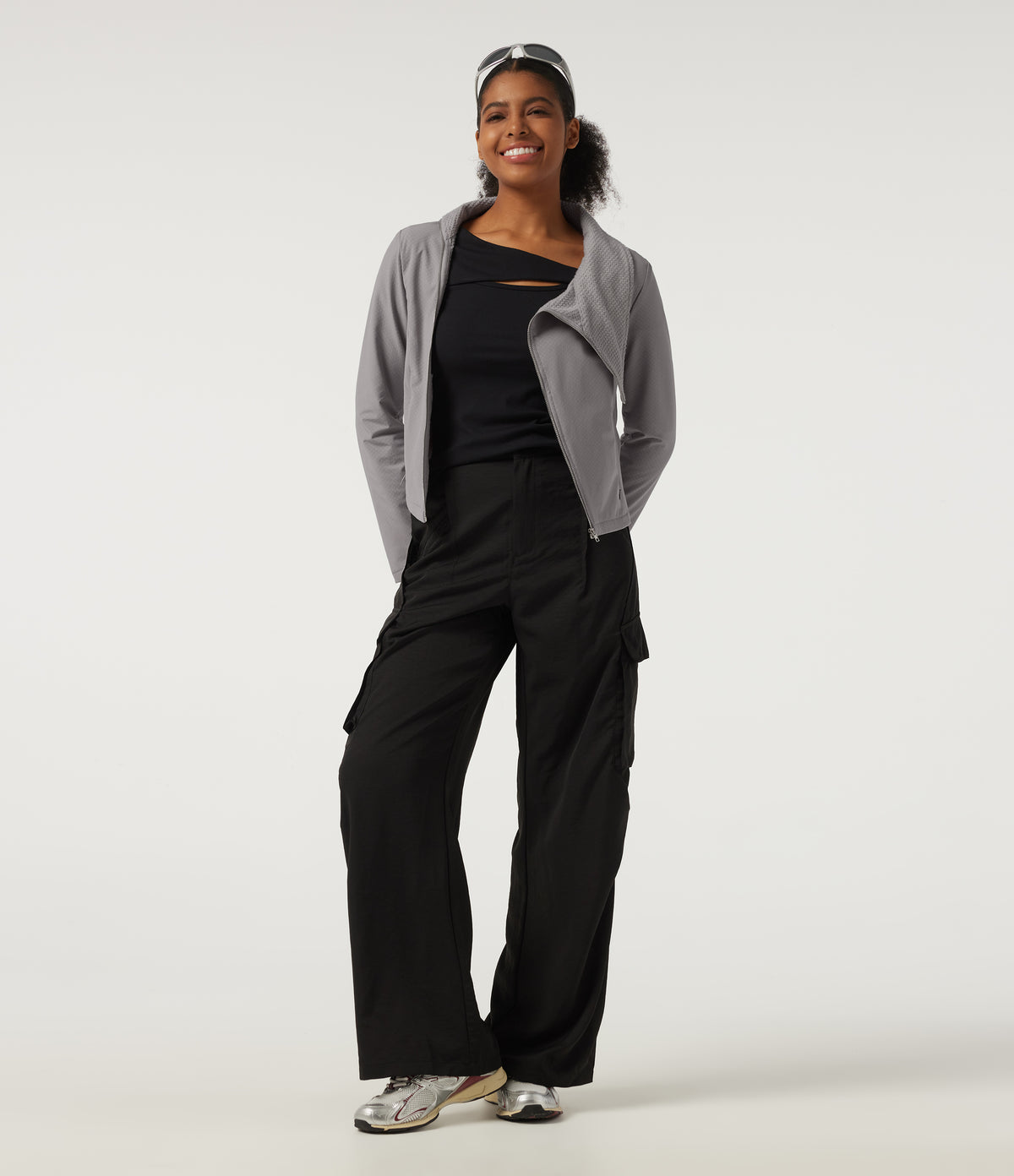 Asymmetric Collar Long Sleeve Casual Jacket with Pockets — Silver Gravel — view 7