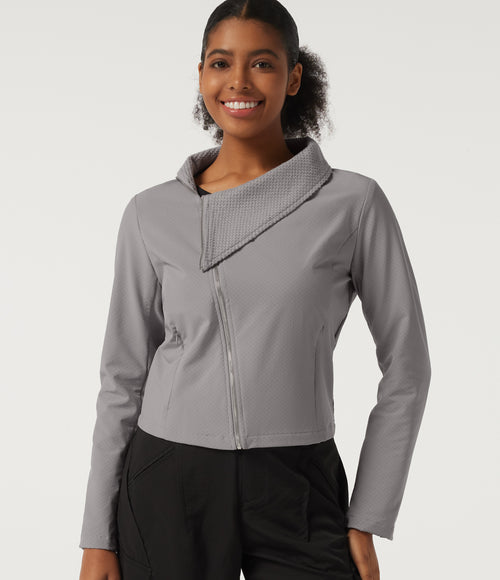 Asymmetric Collar Long Sleeve Casual Jacket with Pockets — Silver Gravel — view 1