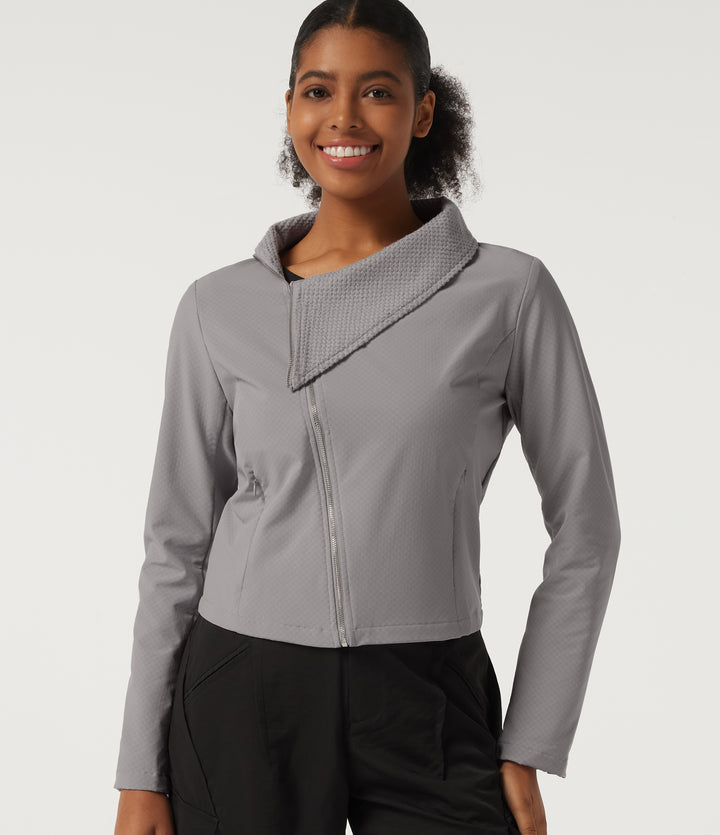 Asymmetric Collar Long Sleeve Casual Jacket with Pockets — Silver Gravel — view 1