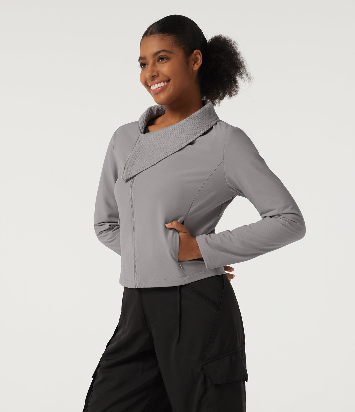 Asymmetric Collar Long Sleeve Casual Jacket with Pockets — Silver Gravel — view 3