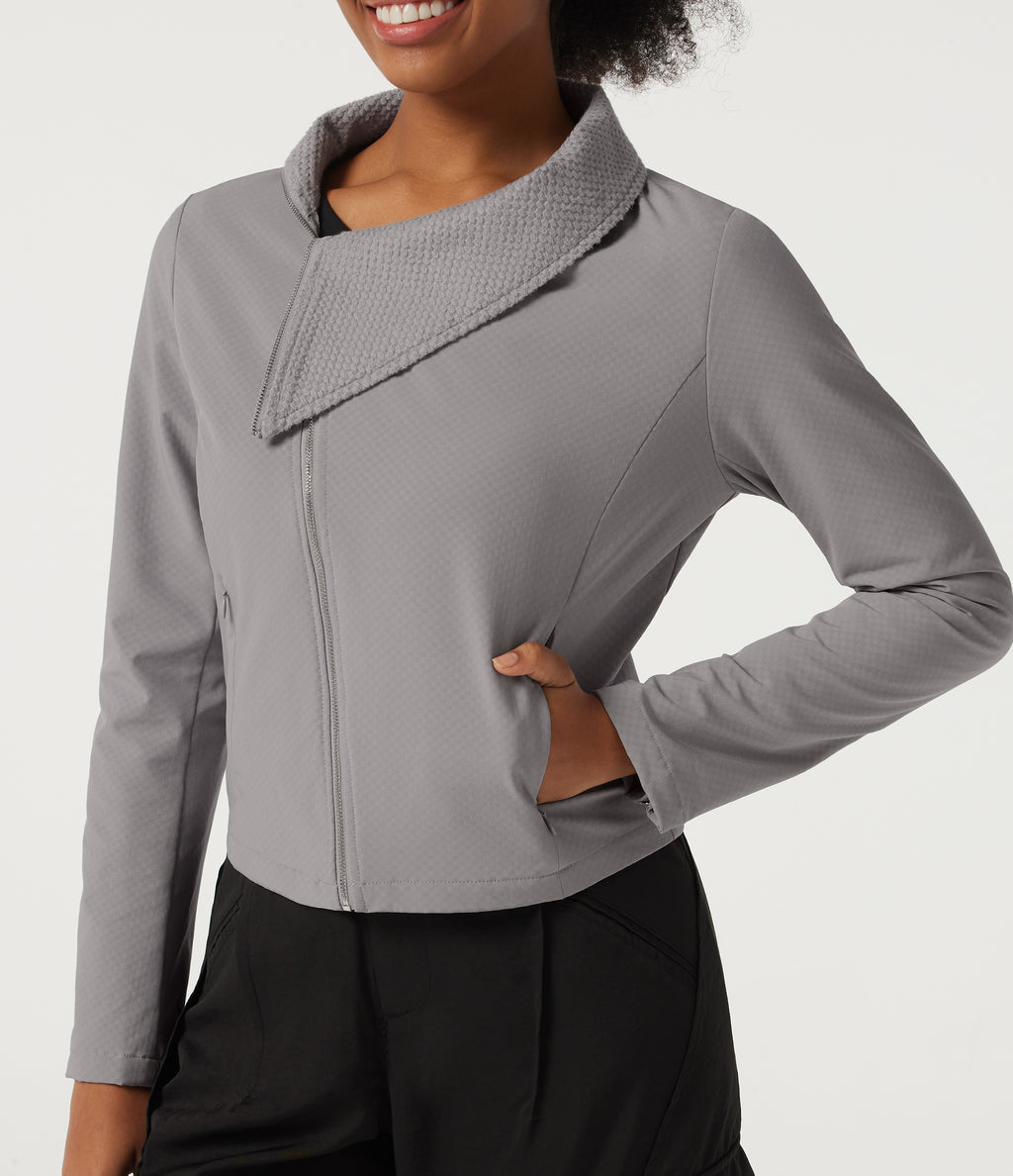 Asymmetric Collar Long Sleeve Casual Jacket with Pockets — Silver Gravel — view 6