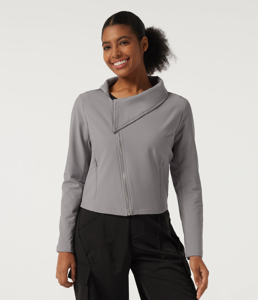 Asymmetric Collar Long Sleeve Casual Jacket with Pockets — Silver Gravel — view 4