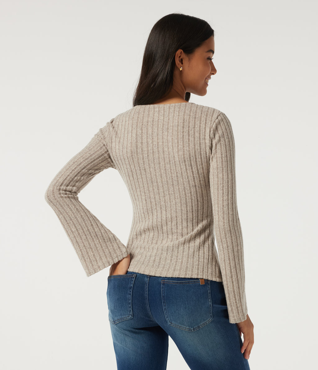 Ribbed Knit V Neck Long Sleeve Top — Ridge Sand Khaki — view 2