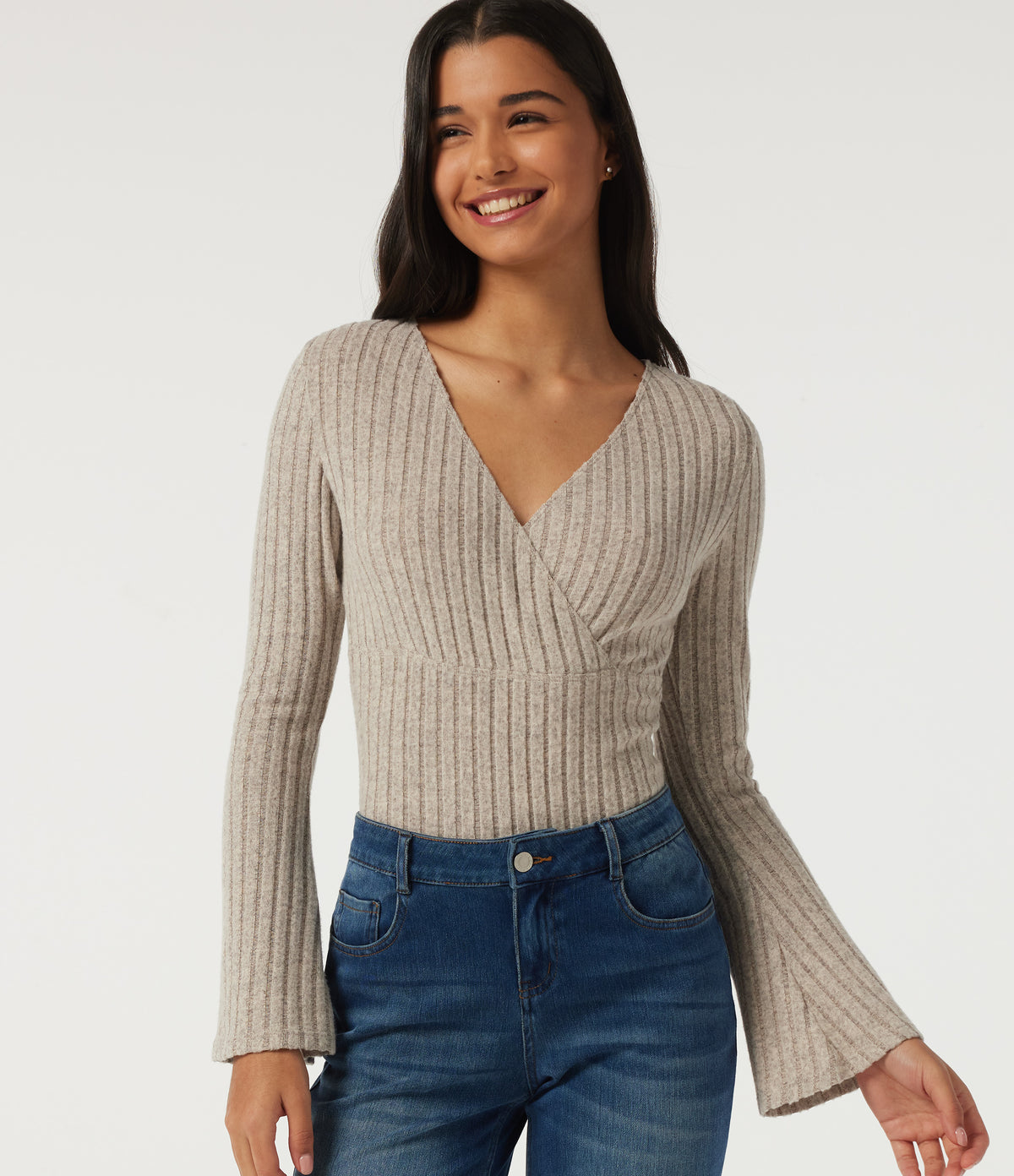 Ribbed Knit V Neck Long Sleeve Top — Ridge Sand Khaki — view 1