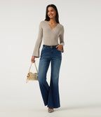 Ribbed Knit V Neck Long Sleeve Top — Ridge Sand Khaki — view 6