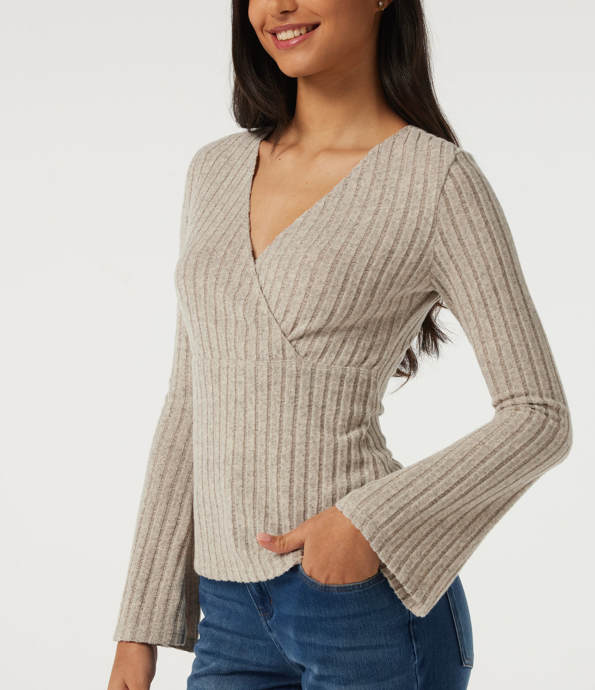 Ribbed Knit V Neck Long Sleeve Top — Ridge Sand Khaki — view 5