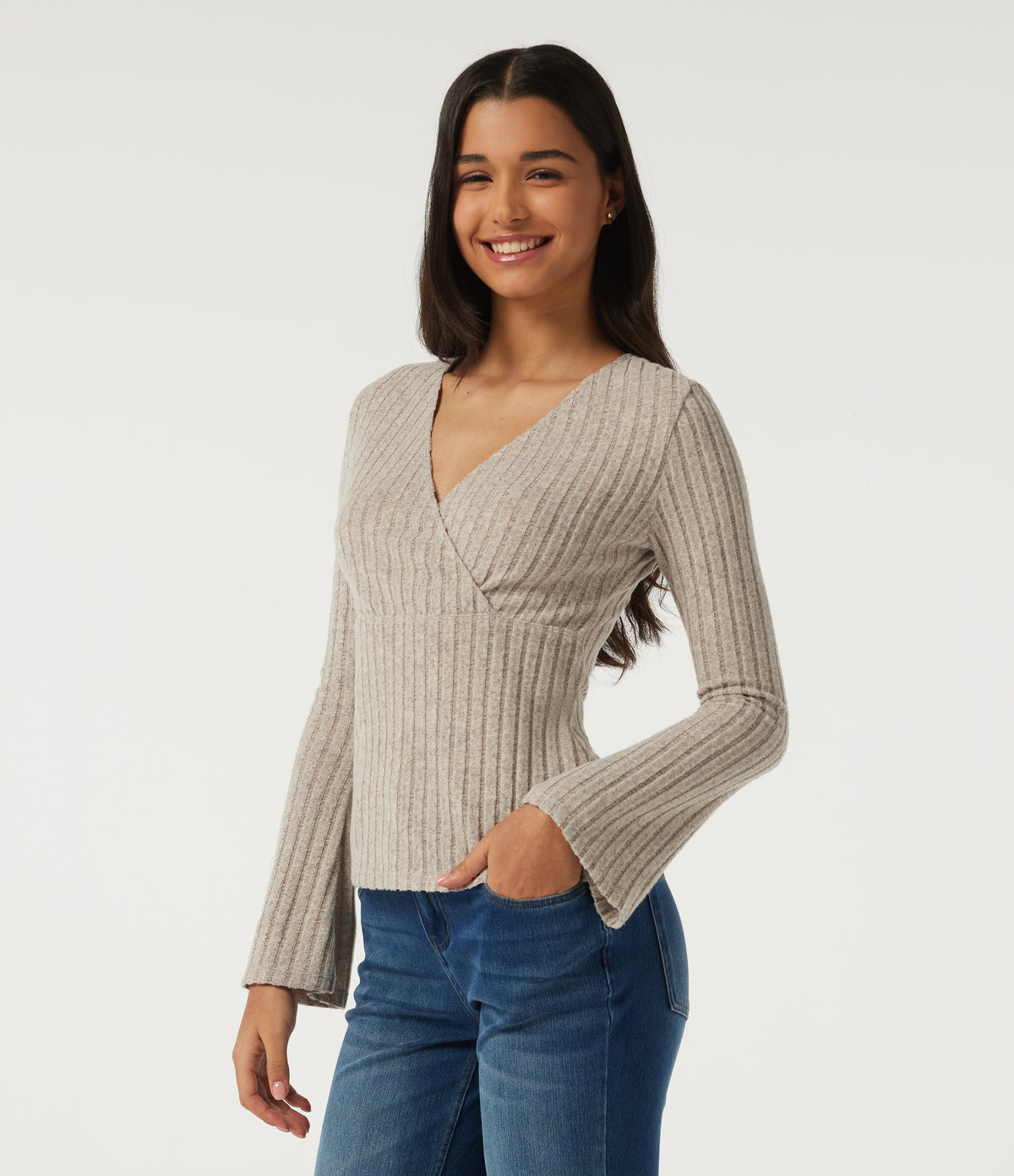 Ribbed Knit V Neck Long Sleeve Top — Ridge Sand Khaki — view 3