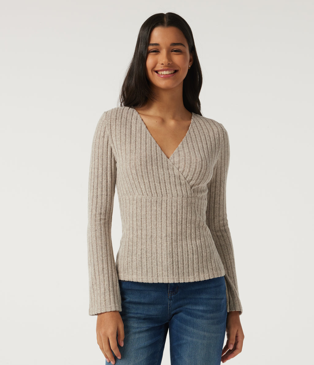 Ribbed Knit V Neck Long Sleeve Top — Ridge Sand Khaki — view 4