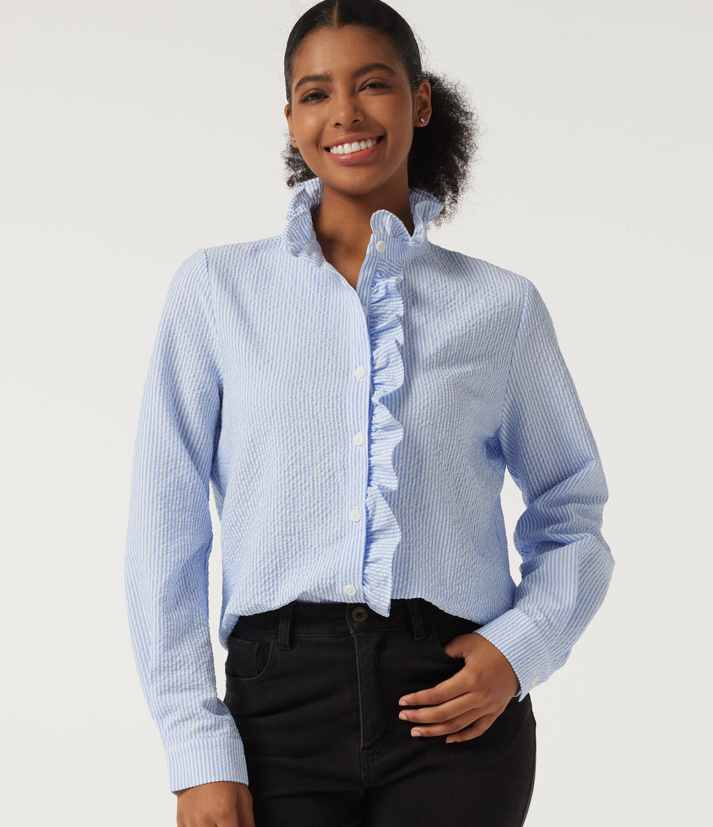 Stand Collar Long Sleeve Ruffle Curved Hem Work Blouse — Azure White Stripe — view 1
