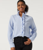 Stand Collar Long Sleeve Ruffle Curved Hem Work Blouse — Azure White Stripe — view 1