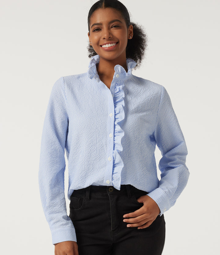 Stand Collar Long Sleeve Ruffle Curved Hem Work Blouse — Azure White Stripe — view 1