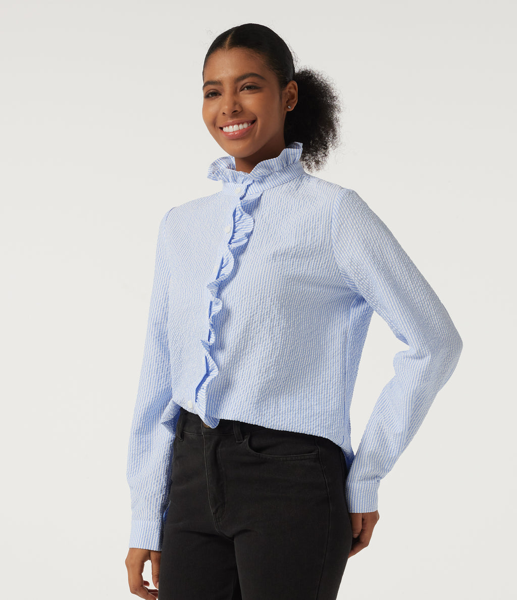Stand Collar Long Sleeve Ruffle Curved Hem Work Blouse — Azure White Stripe — view 3