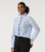 Stand Collar Long Sleeve Ruffle Curved Hem Work Blouse — Azure White Stripe — view 3