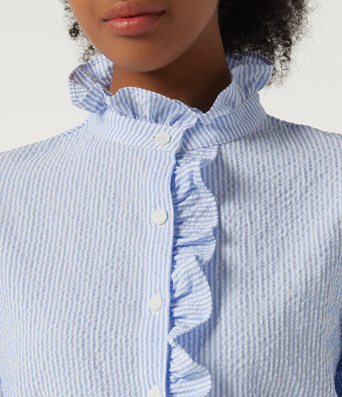 Stand Collar Long Sleeve Ruffle Curved Hem Work Blouse — Azure White Stripe — view 6