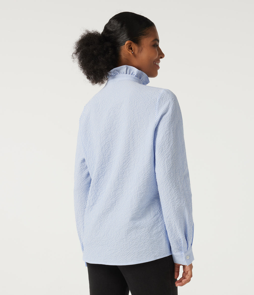 Stand Collar Long Sleeve Ruffle Curved Hem Work Blouse — Azure White Stripe — view 2