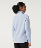 Stand Collar Long Sleeve Ruffle Curved Hem Work Blouse — Azure White Stripe — view 2