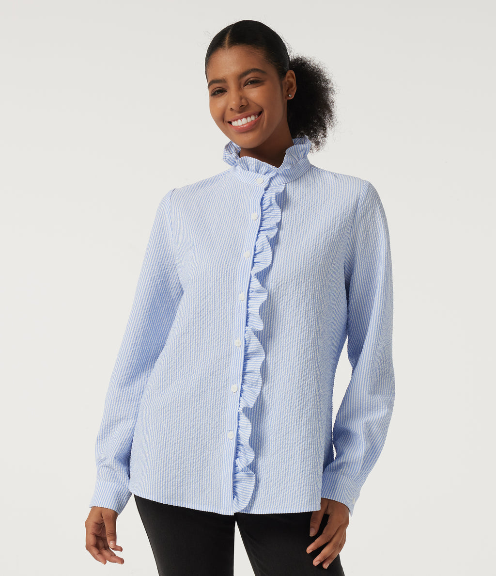 Stand Collar Long Sleeve Ruffle Curved Hem Work Blouse — Azure White Stripe — view 4