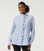 Stand Collar Long Sleeve Ruffle Curved Hem Work Blouse — Azure White Stripe — view 4