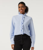 Stand Collar Long Sleeve Ruffle Curved Hem Work Blouse — Azure White Stripe — view 5