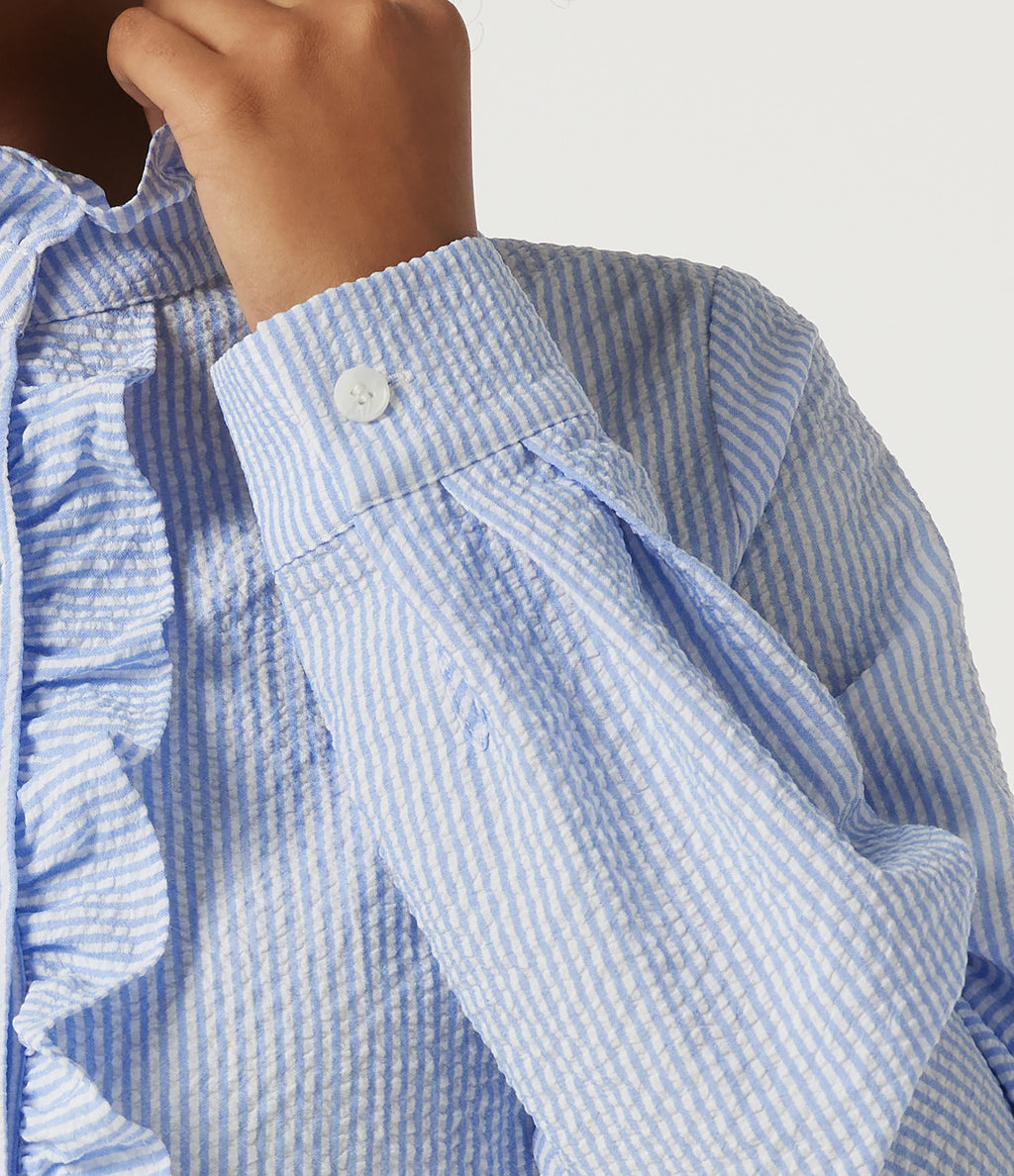 Stand Collar Long Sleeve Ruffle Curved Hem Work Blouse — Azure White Stripe — view 7