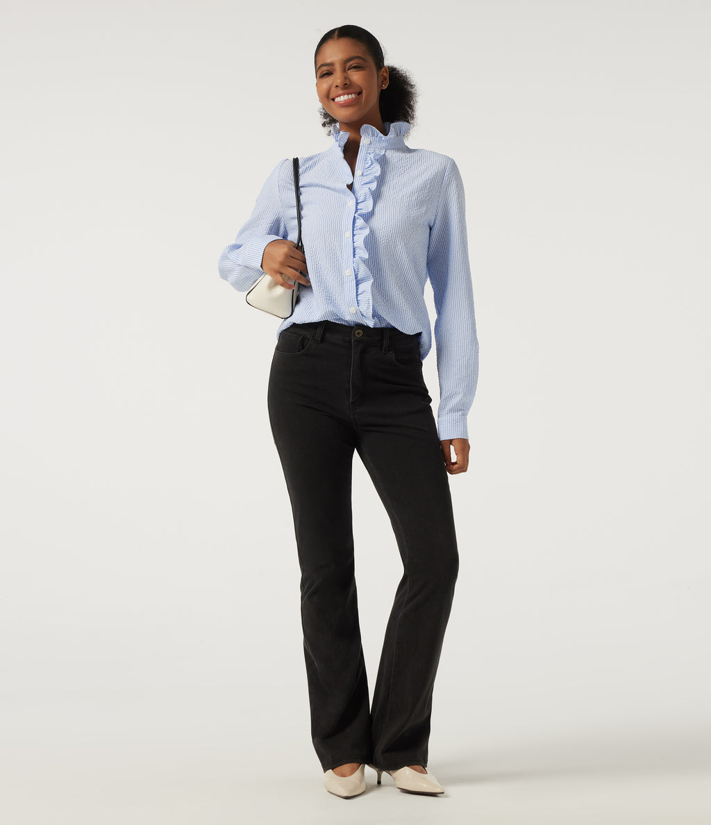 Stand Collar Long Sleeve Ruffle Curved Hem Work Blouse — Azure White Stripe — view 8