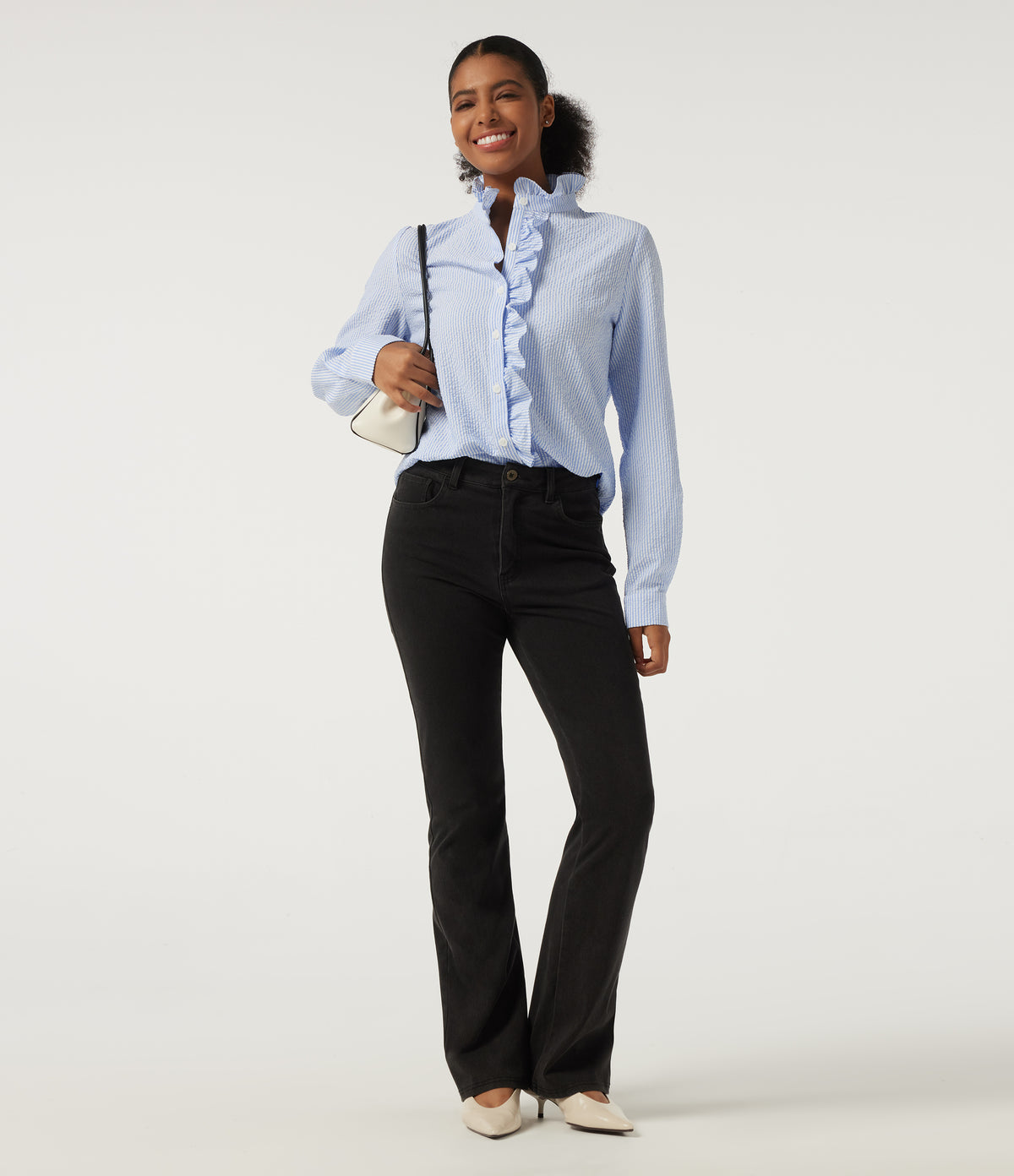 Stand Collar Long Sleeve Ruffle Curved Hem Work Blouse — Azure White Stripe — view 8