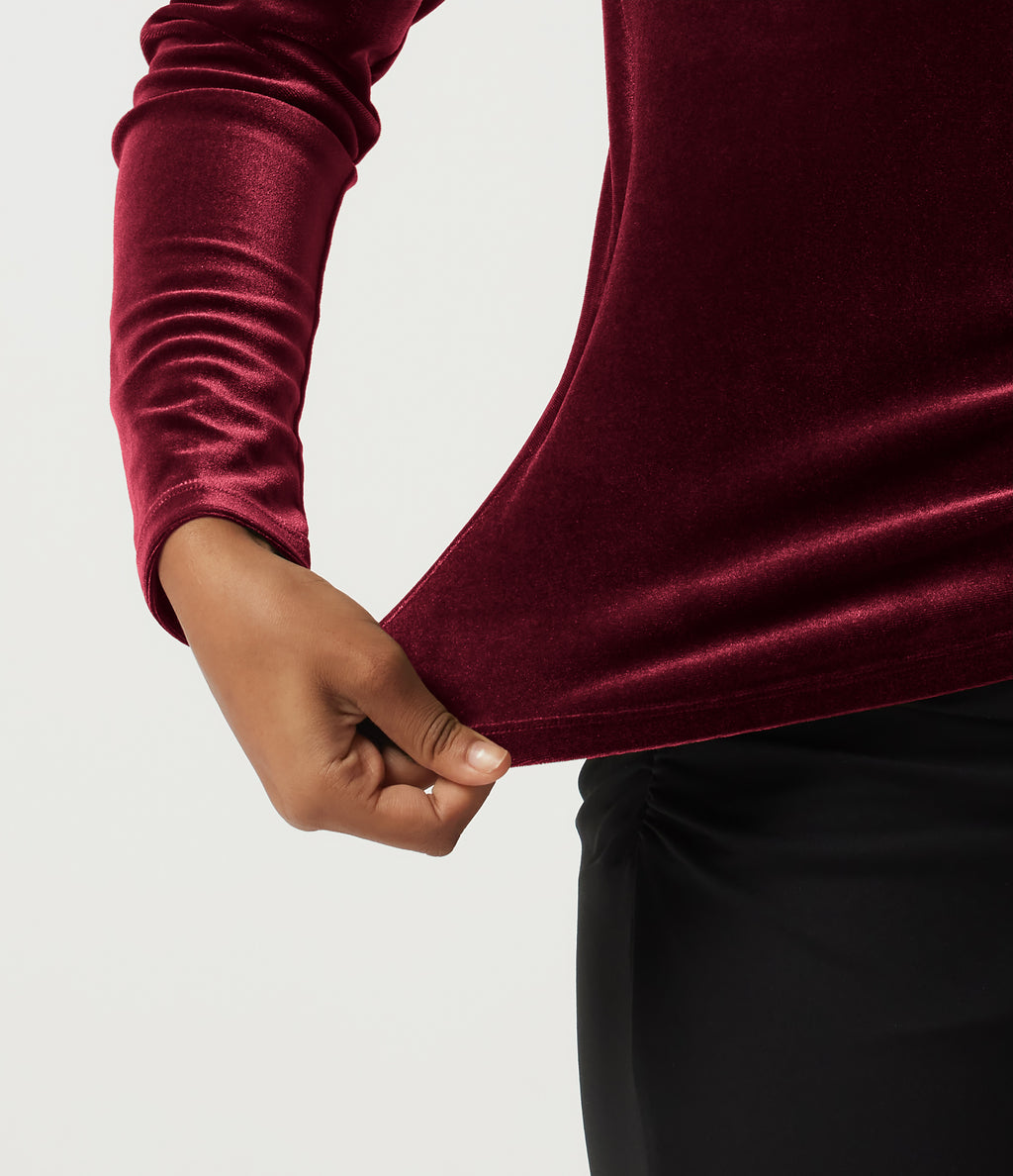 V Neck Long Sleeve Crossover Ruched Velvet Party Top — Sangria — view 7