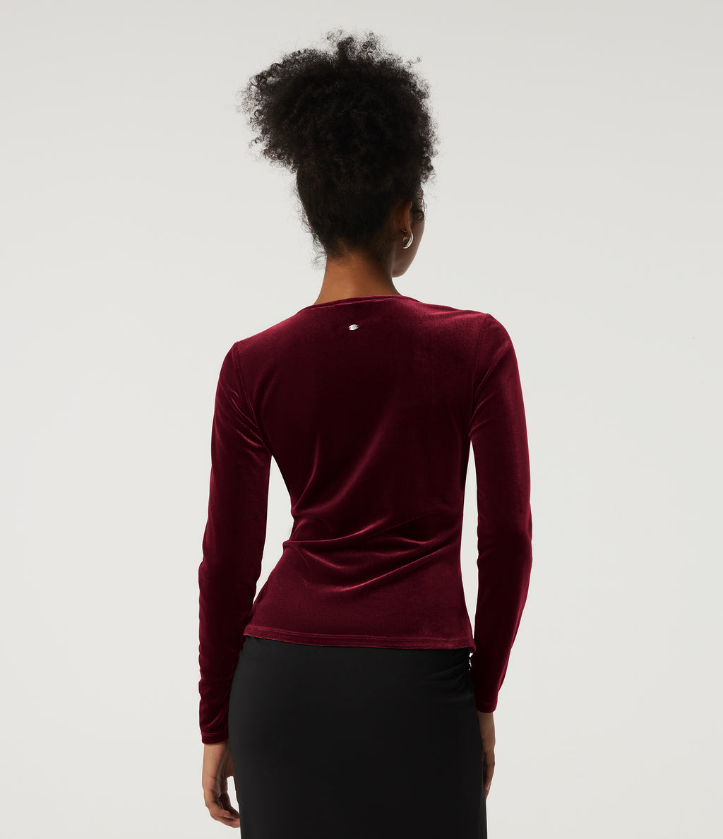 V Neck Long Sleeve Crossover Ruched Velvet Party Top — Sangria — view 2