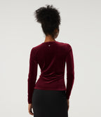 V Neck Long Sleeve Crossover Ruched Velvet Party Top — Sangria — view 2