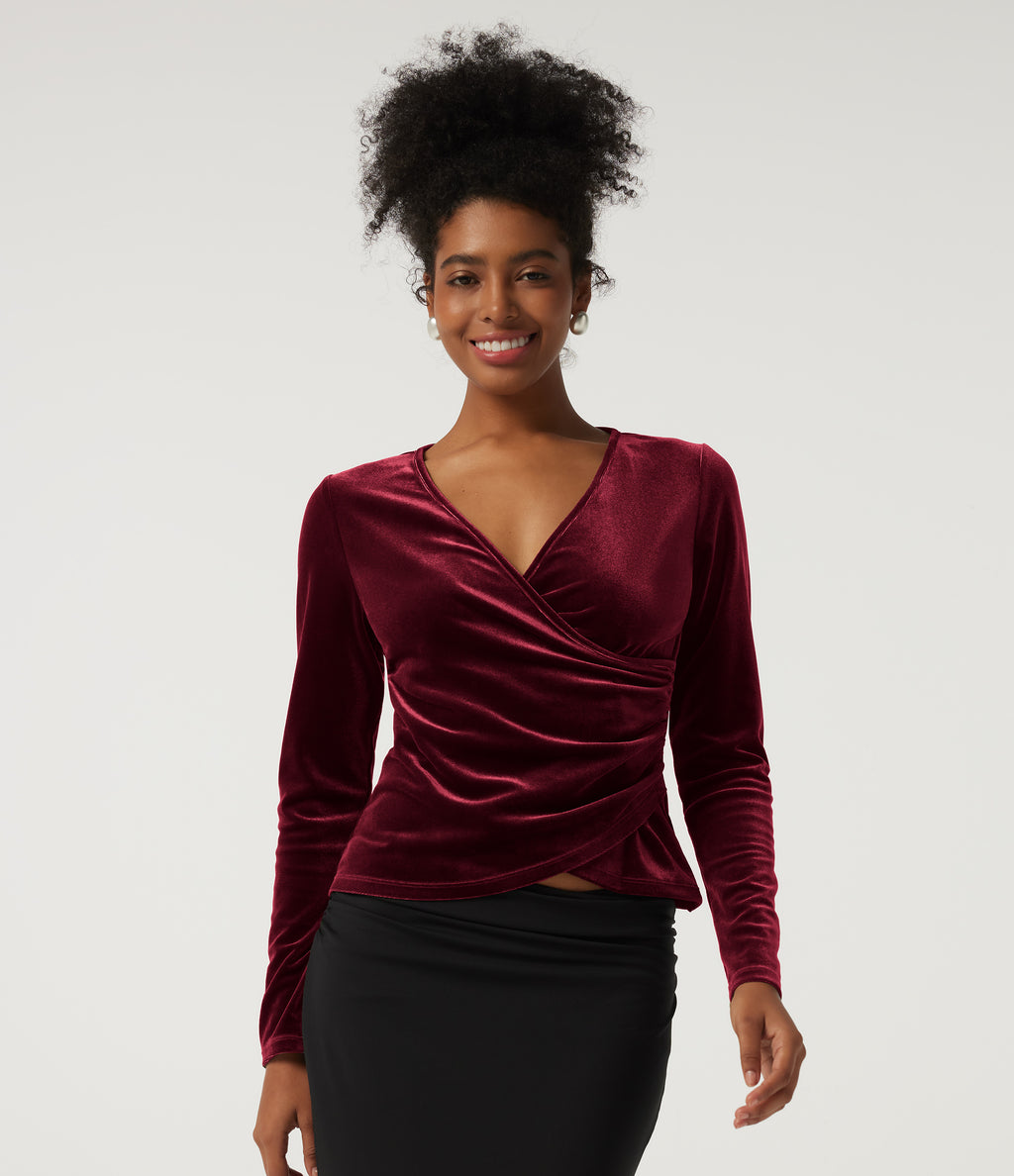 V Neck Long Sleeve Crossover Ruched Velvet Party Top — Sangria — view 4