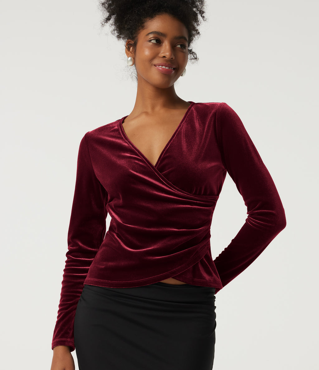 V Neck Long Sleeve Crossover Ruched Velvet Party Top — Sangria — view 1