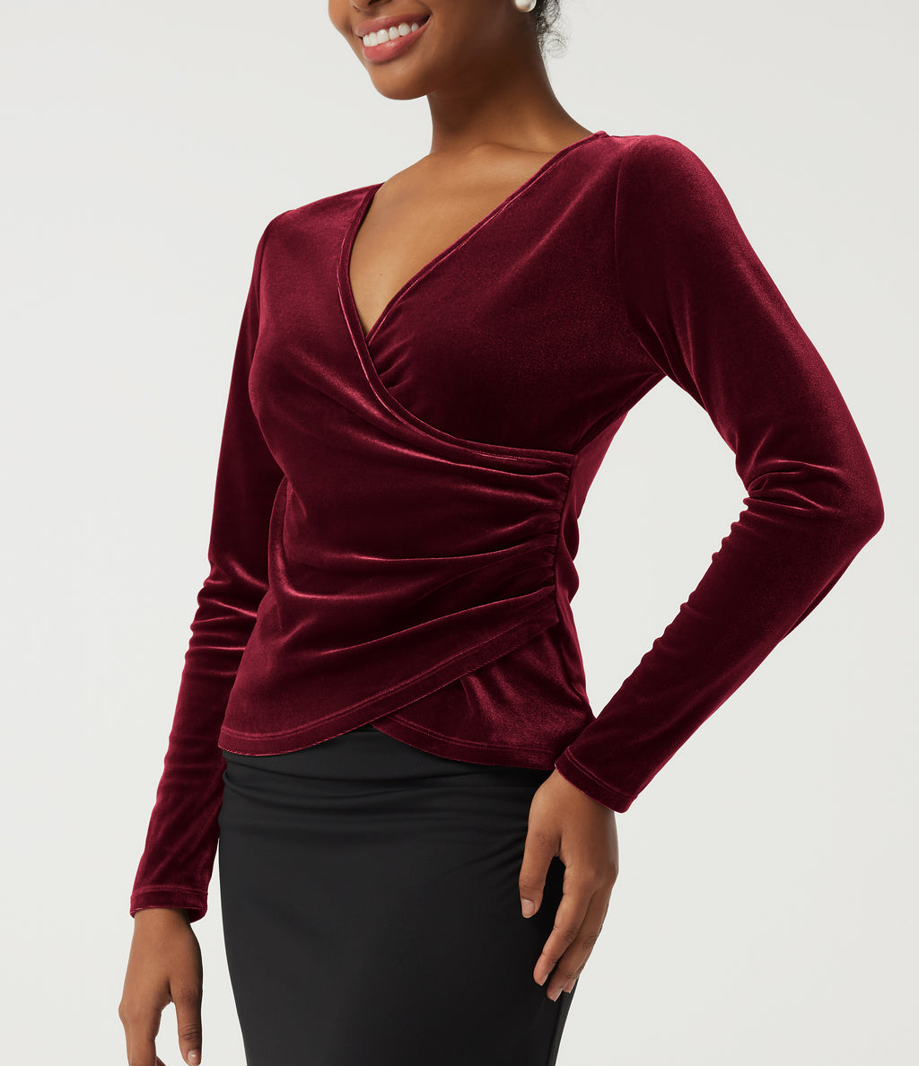 V Neck Long Sleeve Crossover Ruched Velvet Party Top — Sangria — view 5