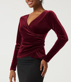 V Neck Long Sleeve Crossover Ruched Velvet Party Top — Sangria — view 5