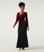 V Neck Long Sleeve Crossover Ruched Velvet Party Top — Sangria — view 8
