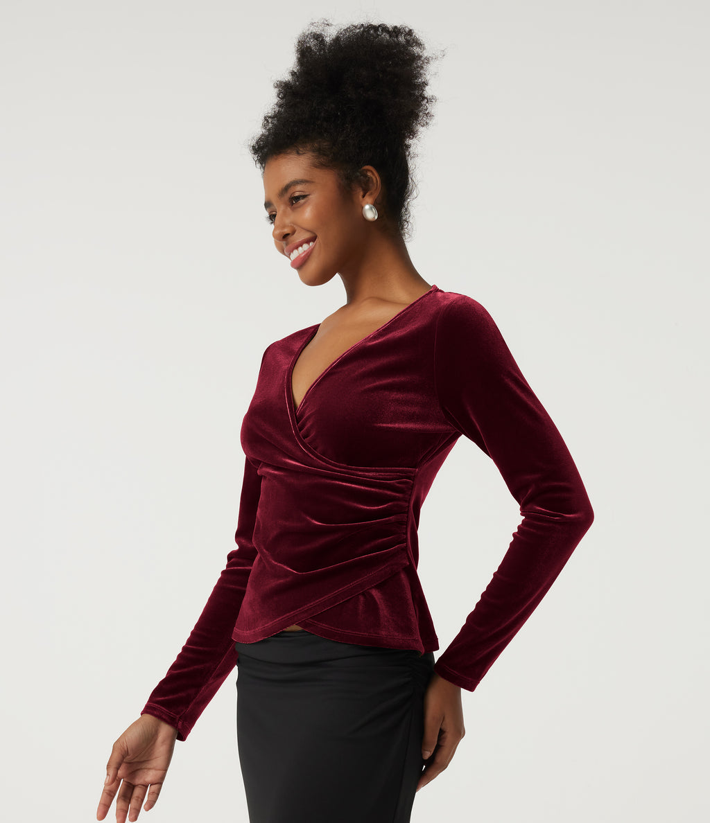V Neck Long Sleeve Crossover Ruched Velvet Party Top — Sangria — view 3