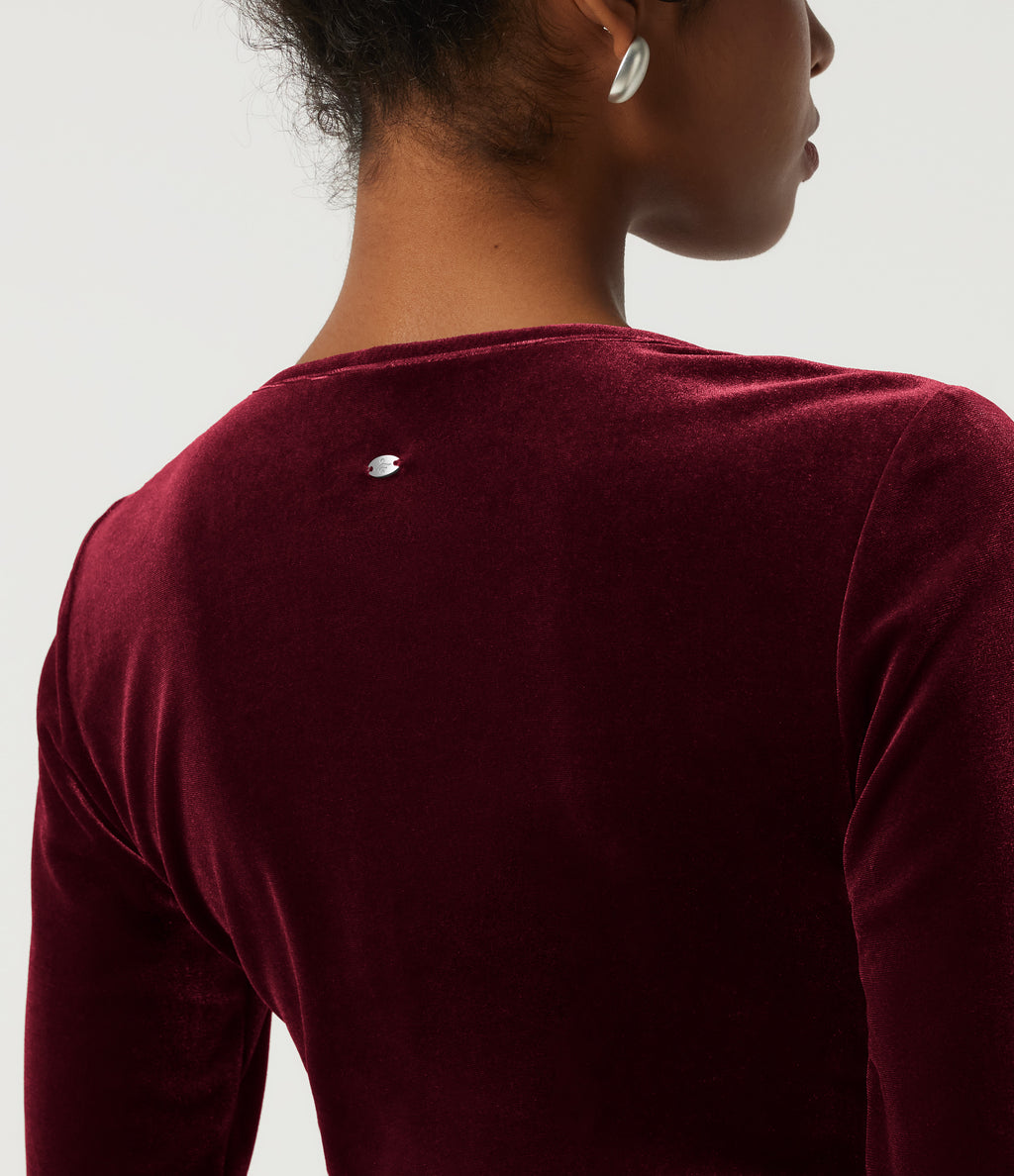 V Neck Long Sleeve Crossover Ruched Velvet Party Top — Sangria — view 6
