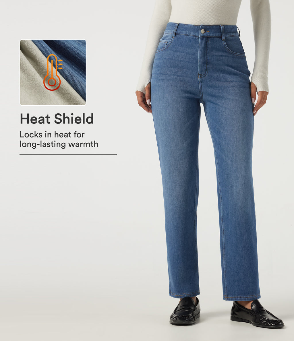 High Waisted Straight Leg Fleece Casual Cotton Jeans with Pockets — Blue Jasper Denim — view 1