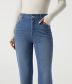 High Waisted Straight Leg Fleece Casual Cotton Jeans with Pockets — Blue Jasper Denim — view 4