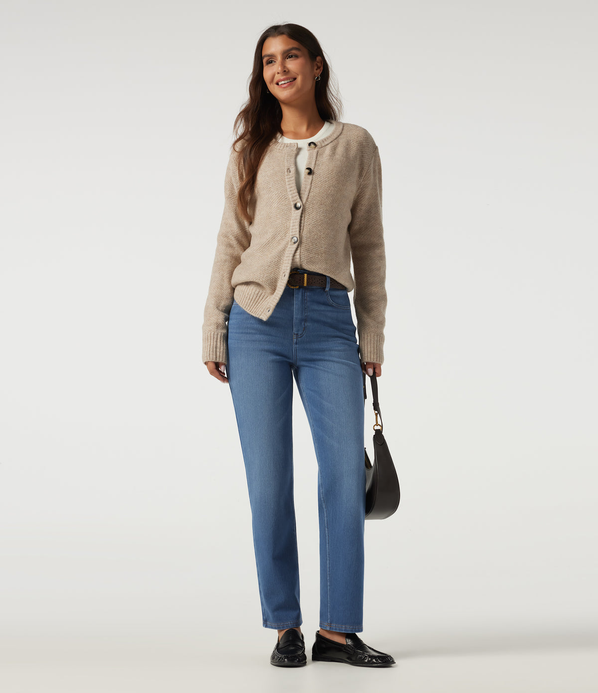 High Waisted Straight Leg Fleece Casual Cotton Jeans with Pockets — Blue Jasper Denim — view 6